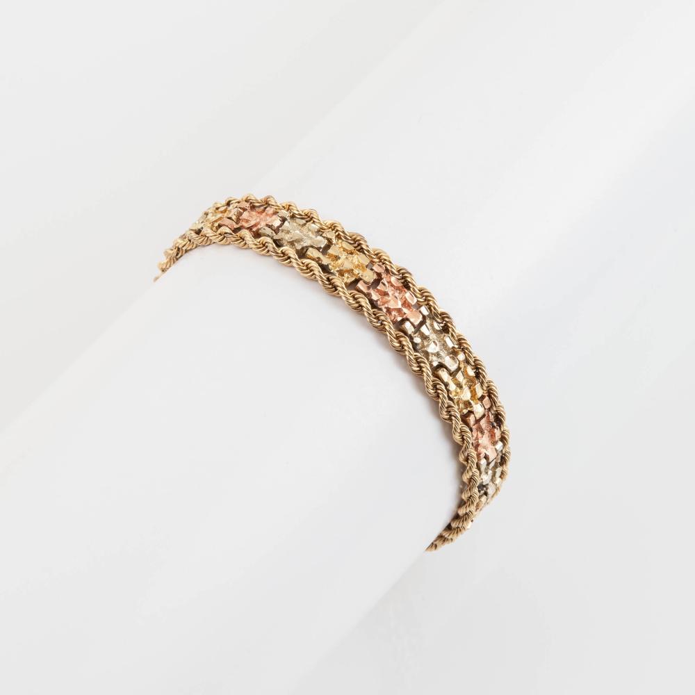 14k 三色金手链 · 复古编织设计 · 7.25英寸