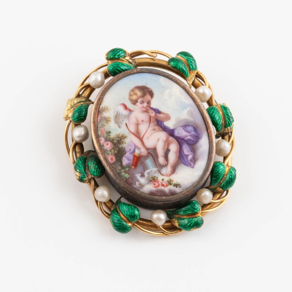 18k 黄金吊坠|微型画 · 珐琅 · 珍珠装饰