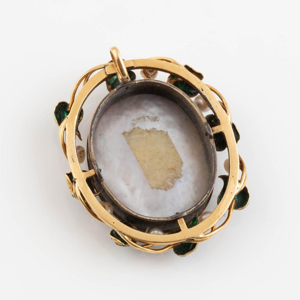 18k 黄金吊坠｜微型画 · 珐琅 · 珍珠装饰