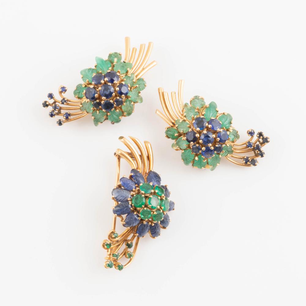 18k 黄金胸针与耳环套装 / 祖母绿与蓝宝石花束  18K Yellow Gold Brooch and Earrings Set