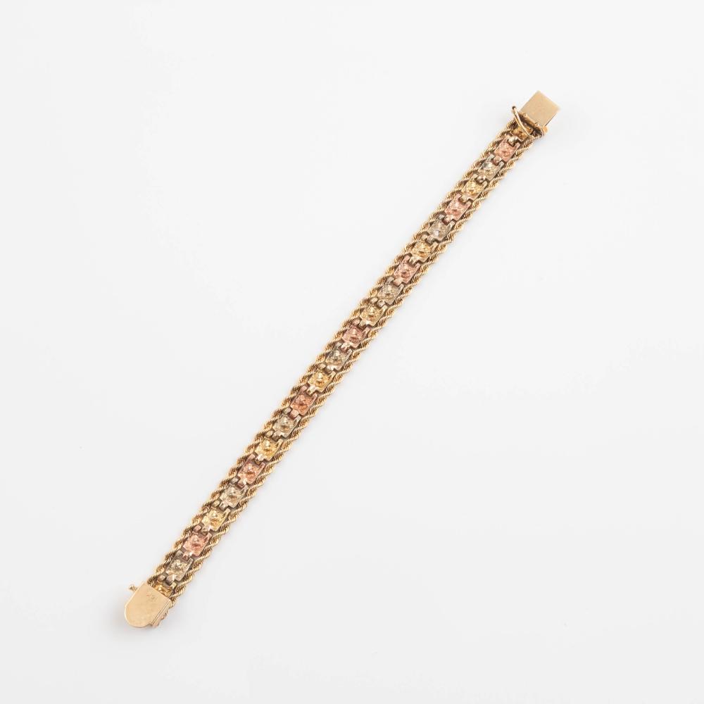 14k 三色金手链 · 复古编织设计 · 7.25英寸