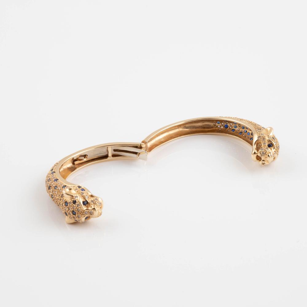 14k 黄金豹首铰链手镯｜镶嵌蓝宝石与钻石