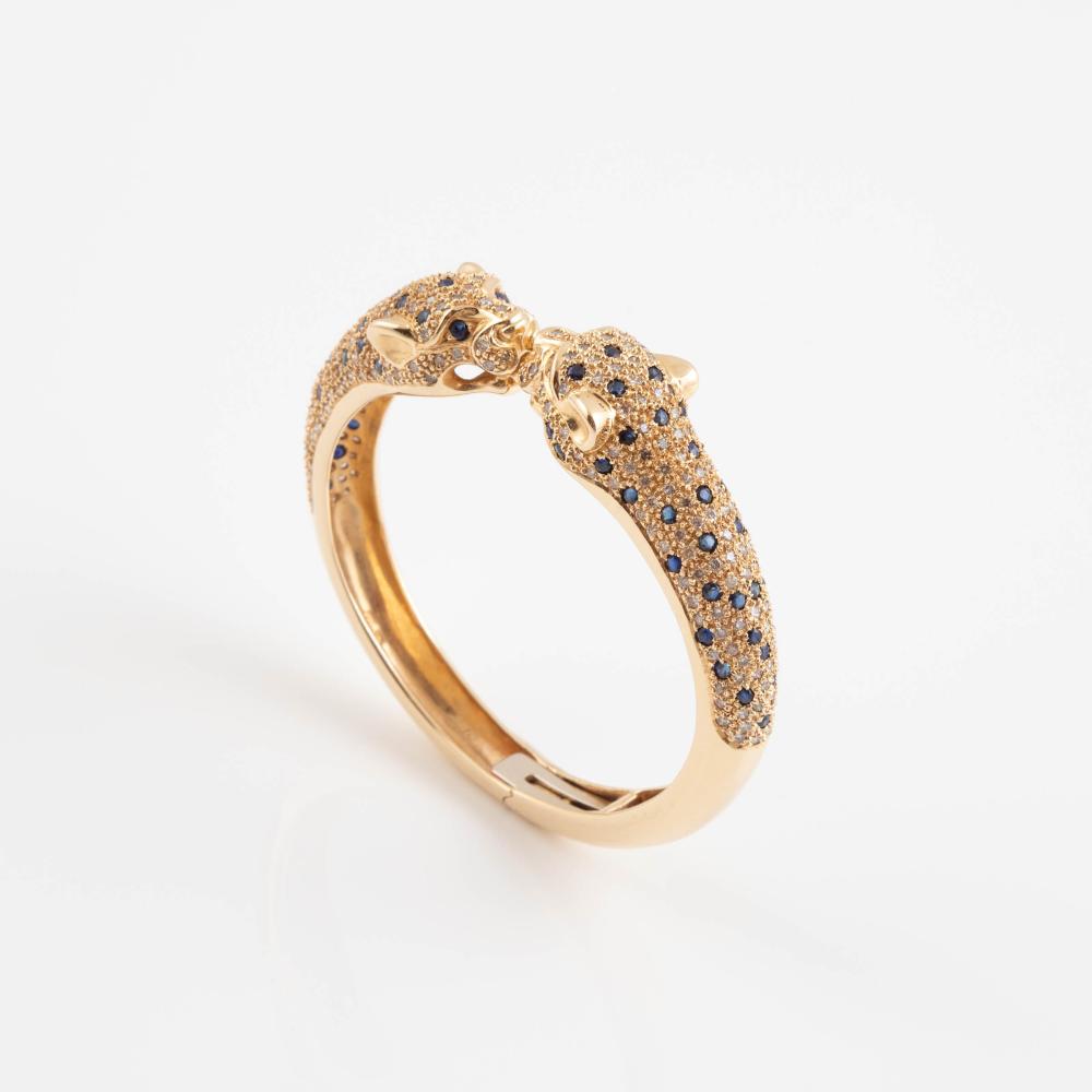 14k 黄金豹首铰链手镯｜镶嵌蓝宝石与钻石