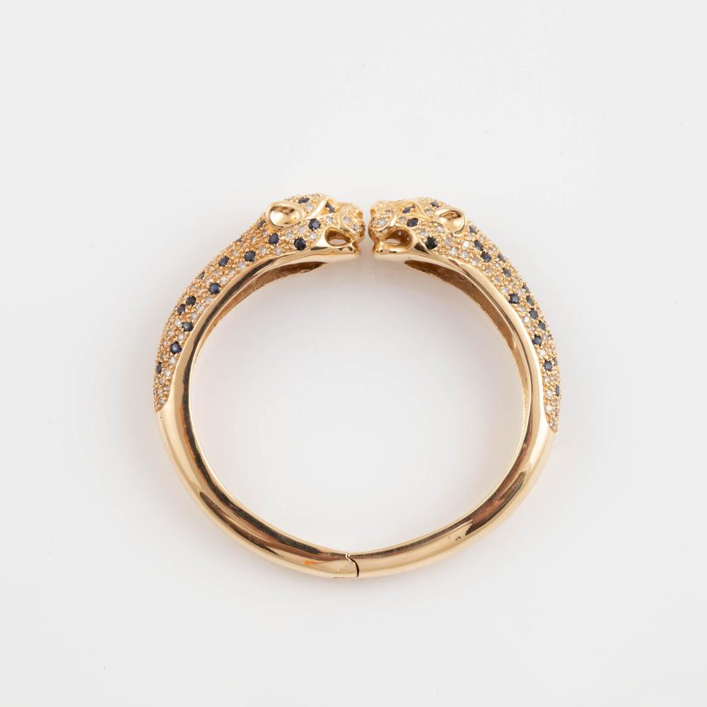 14k 黄金豹首铰链手镯｜镶嵌蓝宝石与钻石