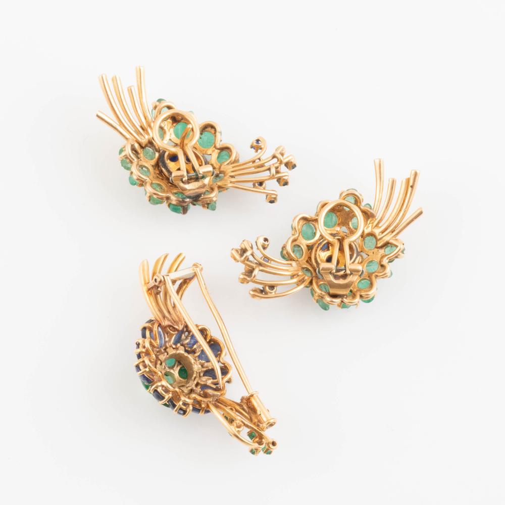18k 黄金胸针与耳环套装 / 祖母绿与蓝宝石花束  18K Yellow Gold Brooch and Earrings Set